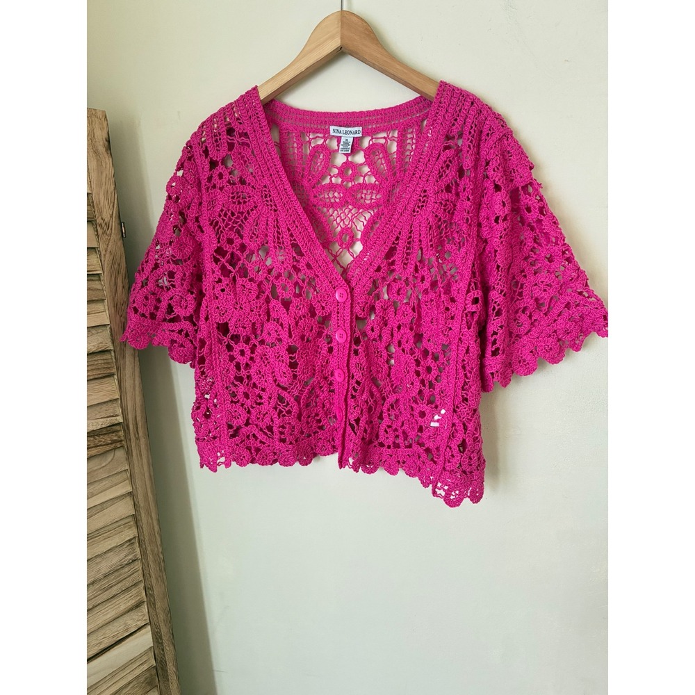 Nina Leonard Pink Cottagecore Crochet Cardigan XL Short Sleeve  Lace Top